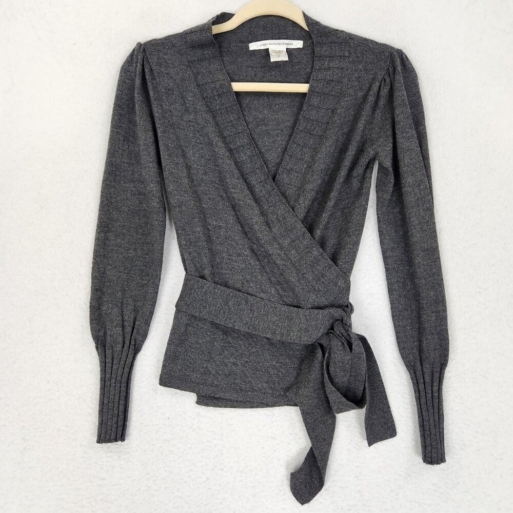 Diane Von Furstenberg Sweater Womens XS P Gray Merino Wool Wrap Tie Waist Knit